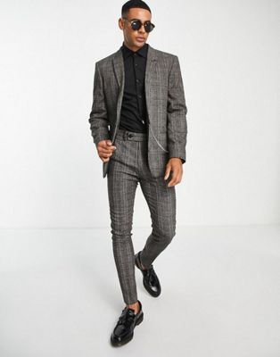 ASOS DESIGN skinny suit jacket in brown check with chain detail