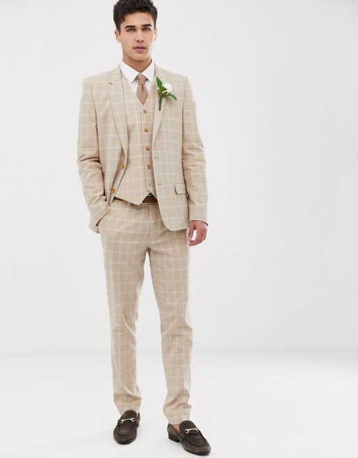 ASOS DESIGN skinny suit in camel linen windowpane check