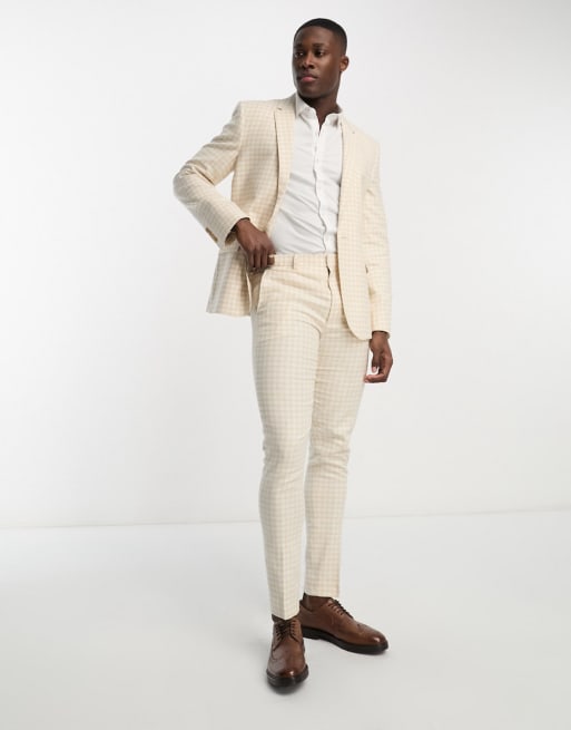 ASOS DESIGN skinny suit in linen mix in gingham in camel ASOS