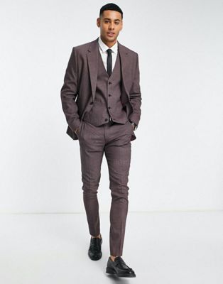 ASOS DESIGN skinny suit waistcoat in pindot texture in burgundy