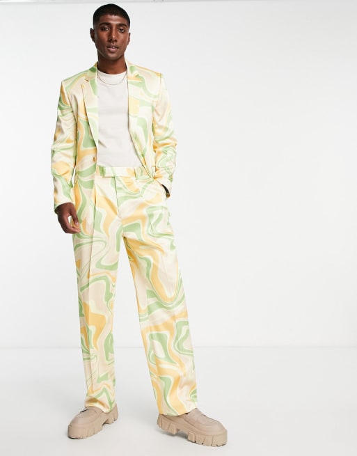 ASOS DESIGN skinny suit in sage green and orange swirl print