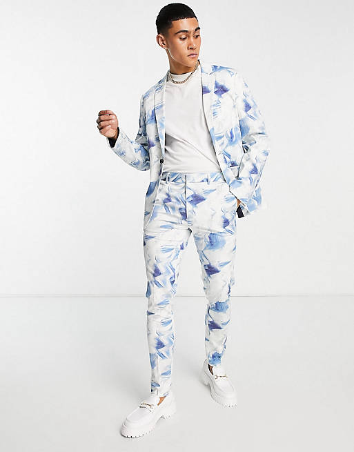 ASOS DESIGN skinny suit in white and blue print