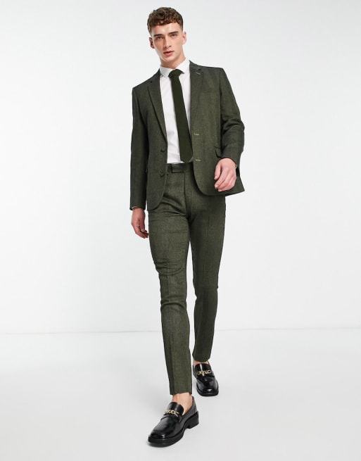 ASOS DESIGN skinny suit in wool mix in green herringbone