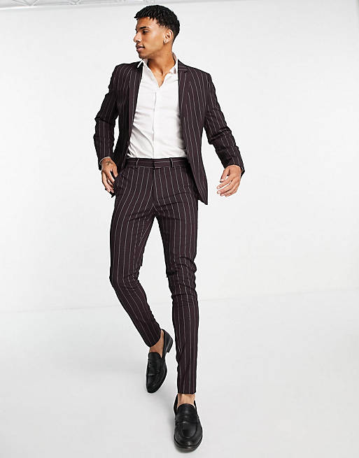 ASOS DESIGN skinny suit with pinstripe in burgundy