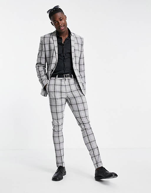 ASOS DESIGN skinny suit with prince of wales check in grey