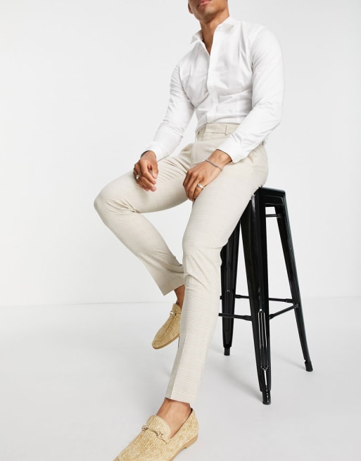 ASOS DESIGN skinny suit trousers with prince of wales check in stone