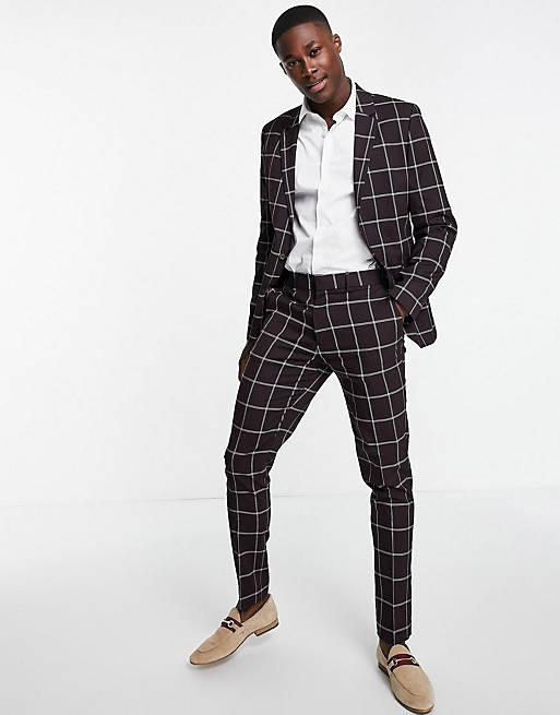 ASOS DESIGN skinny suit with window pane check in burgundy