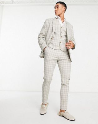 ASOS DESIGN skinny suitin beige and navy highlight grid check