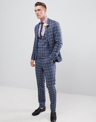 ASOS Design - Skinny trouwkostuum in blauw-witte ruit