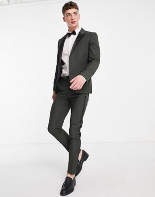 ASOS DESIGN skinny tuxedo jacket in forest green with black lapel