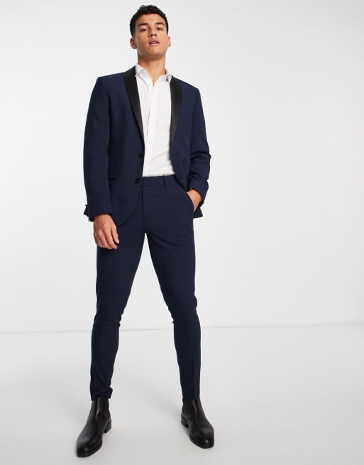 ASOS DESIGN skinny tuxedo in navy with satin side stripe