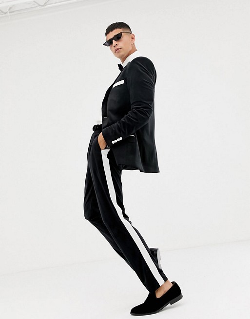 ASOS DESIGN skinny tuxedo prom suit in black with white tipping