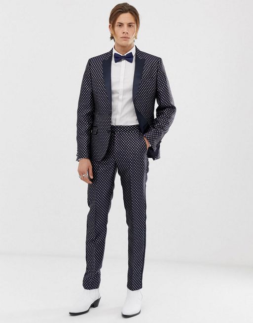 ASOS DESIGN skinny tuxedo prom suit in navy diamond jacquard | ASOS
