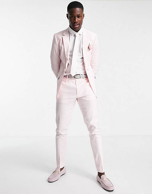 ASOS DESIGN skinny wedding suit jacket in pastel pink linen mix