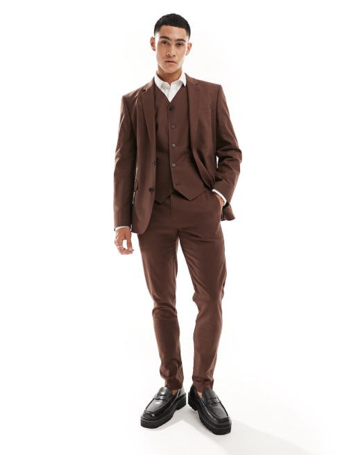ASOS DESIGN skinny with linen suit in brown