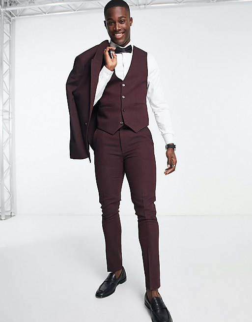 ASOS DESIGN skinny wool mix suit in basketweave texture in burgundy | ASOS