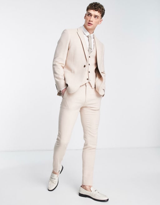 ASOS DESIGN skinny wool mix suit in basketweave texture in stone