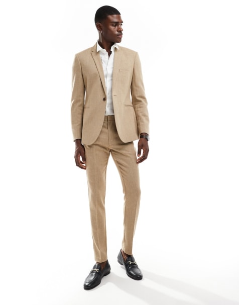ASOS DESIGN skinny wool mix suit in caramel basketweave texture - view 1