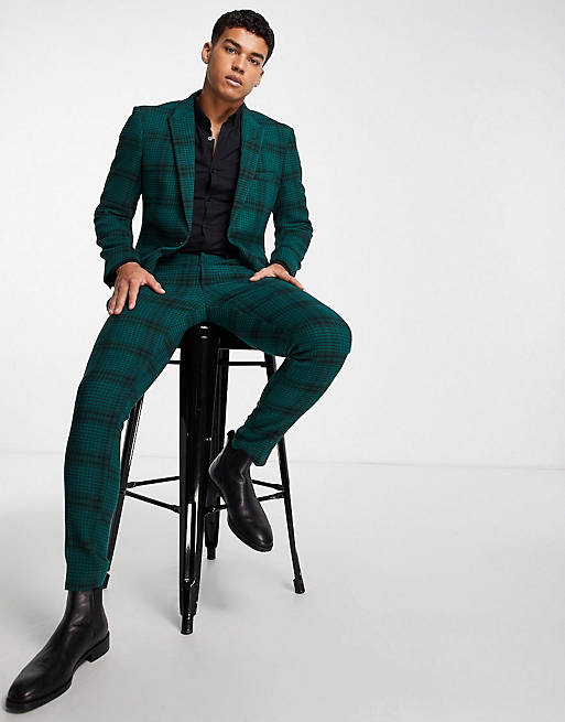 ASOS DESIGN skinny wool mix suit in dark green and navy large dogtooth check