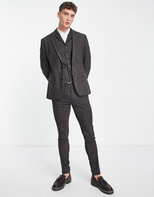 ASOS DESIGN skinny wool mix suit in navy and brown micro check | ASOS