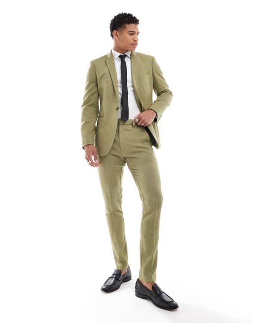 FhyzicsShops DESIGN skinny wool mix suit in olive basketweave texture