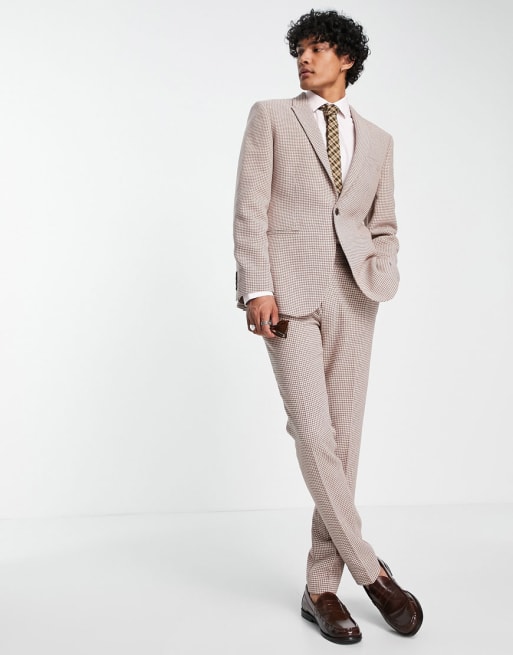 ASOS DESIGN skinny wool mix suit in stone houndstooth