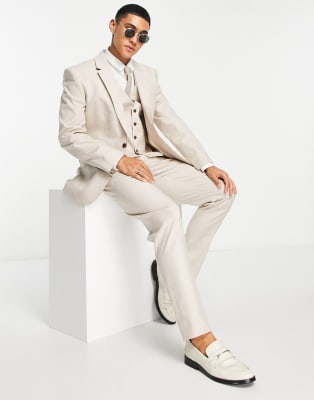 Asos Design Sl Linen Mix Suit In Stone 