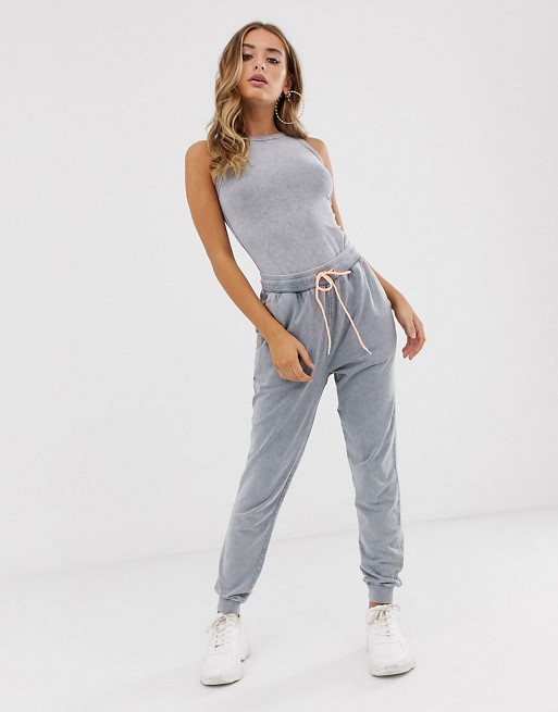 ASOS DESIGN sleeveless body and jogger co-ord in acid wash with contrast stitch