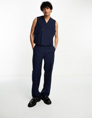 ASOS DESIGN sleeveless suit in stubby linen in navy | ASOS
