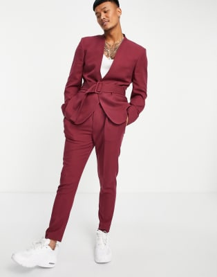 ASOS DESIGN slim collarless belted suit jacket and tapered suit trouser in burgu