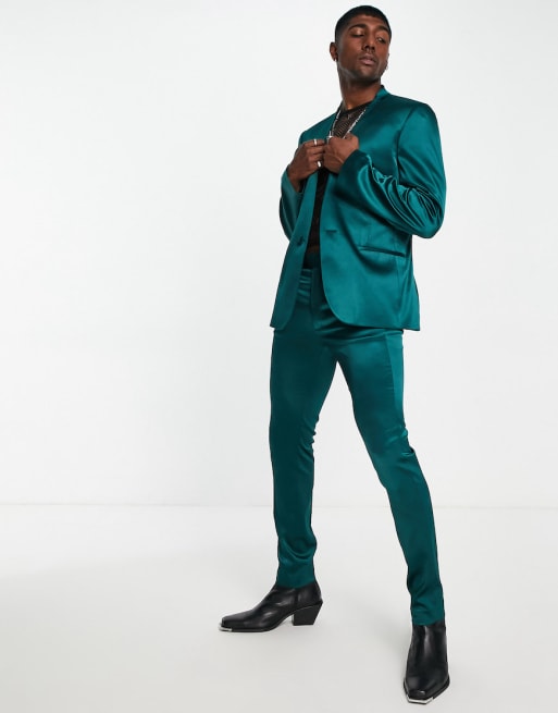 ASOS DESIGN slim collarless suit in dark green satin | ASOS