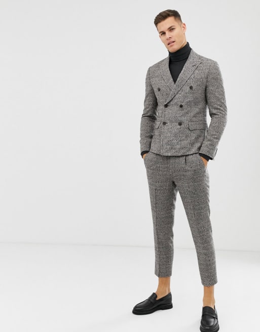 ASOS Design - Slim double-breasted crop kostuum in camelkleurige ruit
