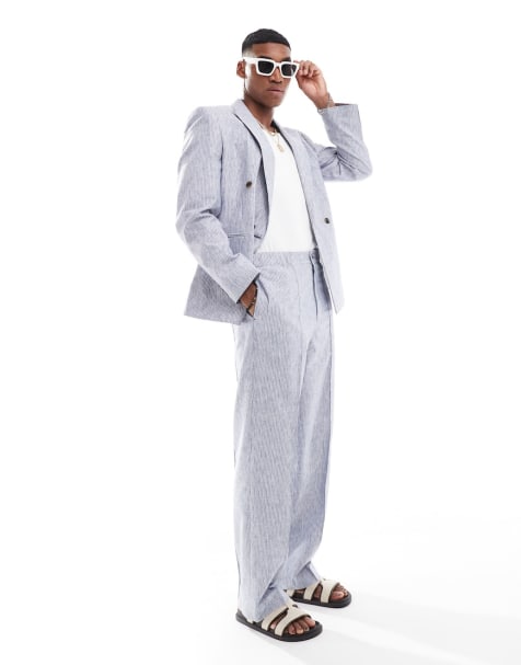 ASOS DESIGN slim double breasted suit in blue linen stripe - view 1