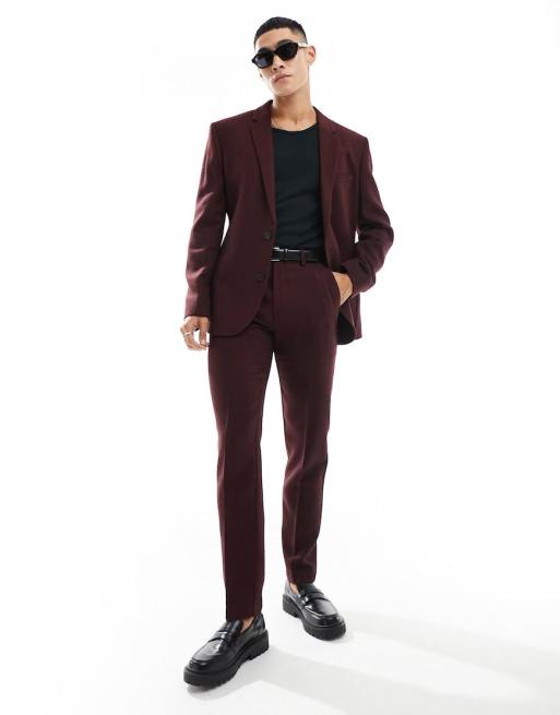 ASOS DESIGN - Slim Fit-jakkesæt i bordeauxrød uld- og twillblanding
