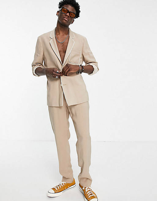 ASOS DESIGN slim fit pyjama suit trousers with piping on pocket in camel