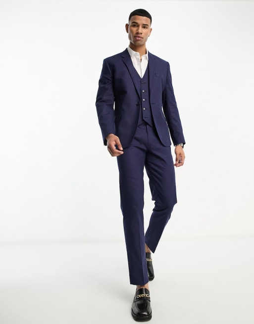 ASOS DESIGN slim linen mix suit in navy | ASOS