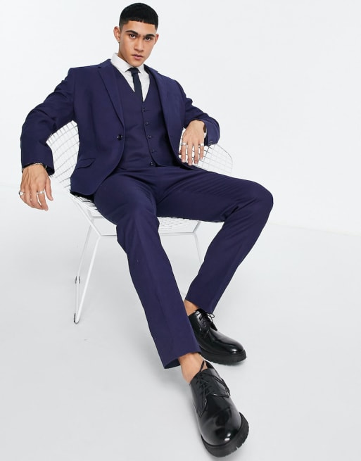 Asos Design Slim Linen Mix Suit In Navy Asos 1384