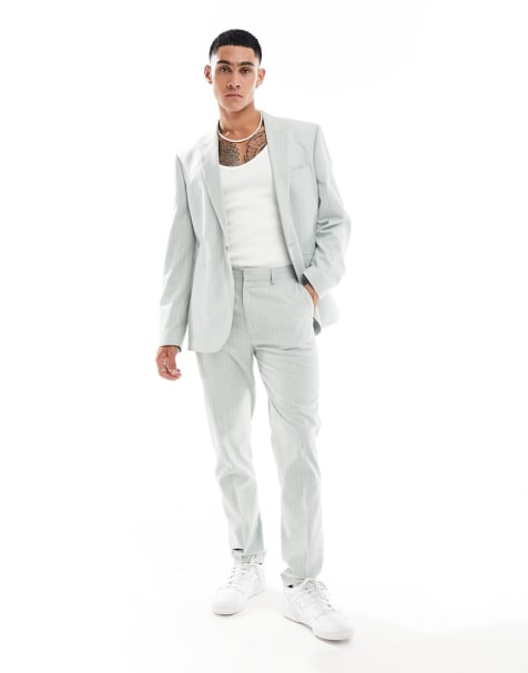 ASOS DESIGN slim linen mix suit in sage green pinstripe - view 1