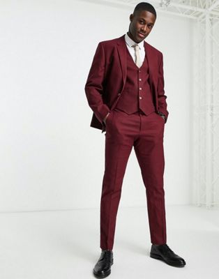 ASOS DESIGN slim linen mix suit waistcoat in burgundy