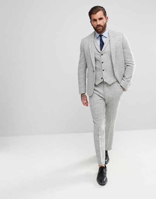 ASOS DESIGN slim suit in 100% wool Harris Tweed herringbone in light grey