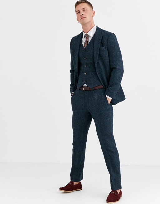 ASOS DESIGN slim suit in 100 wool Harris Tweed in blue