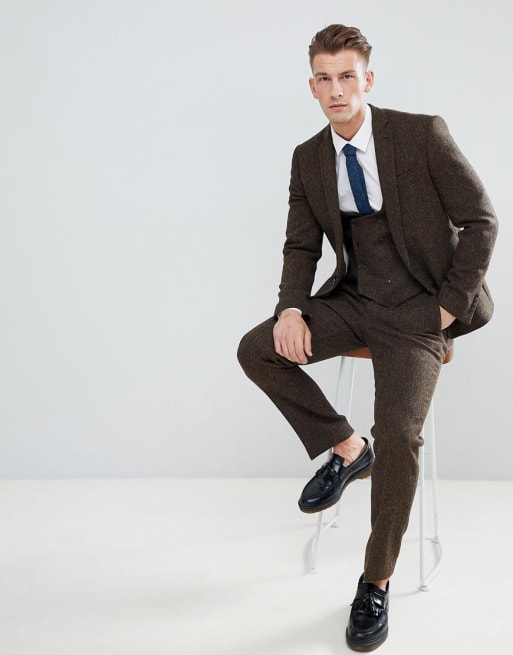 ASOS DESIGN slim suit in 100% wool Harris Tweed in brown herringbone