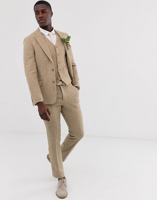 ASOS DESIGN slim suit in 100% wool Harris Tweed in camel
