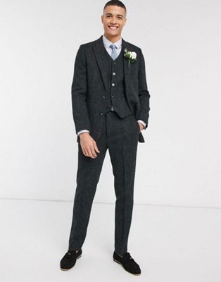ASOS DESIGN slim suit in 100% wool Harris Tweed in charcoal herringbone ...