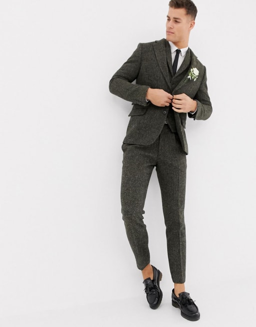 ASOS DESIGN slim suit in 100% wool Harris Tweed khaki micro check