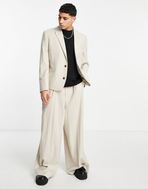 ASOS DESIGN slim suit in beige pinstripe
