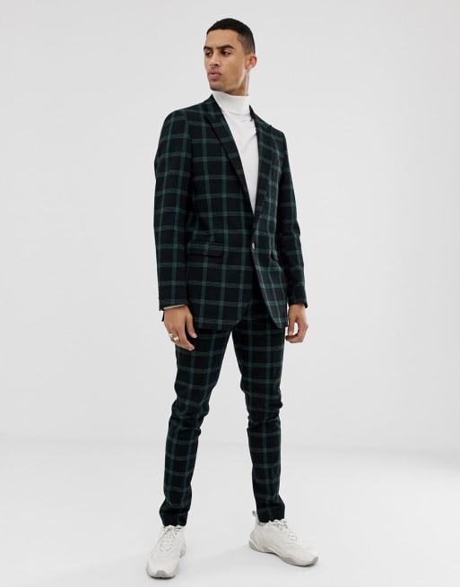 ASOS DESIGN slim suit in black and green windowpane check | ASOS