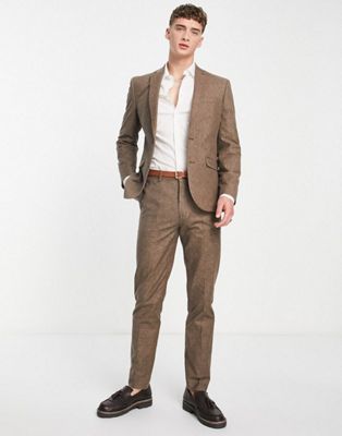 ASOS DESIGN slim suit trousers in brown slub crosshatch texture