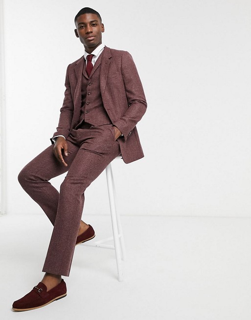 ASOS DESIGN slim suit in burgundy and grey 100% lambswool puppytooth
