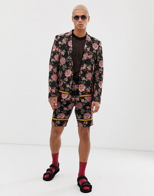 ASOS DESIGN slim suit in floral embroidery with taping